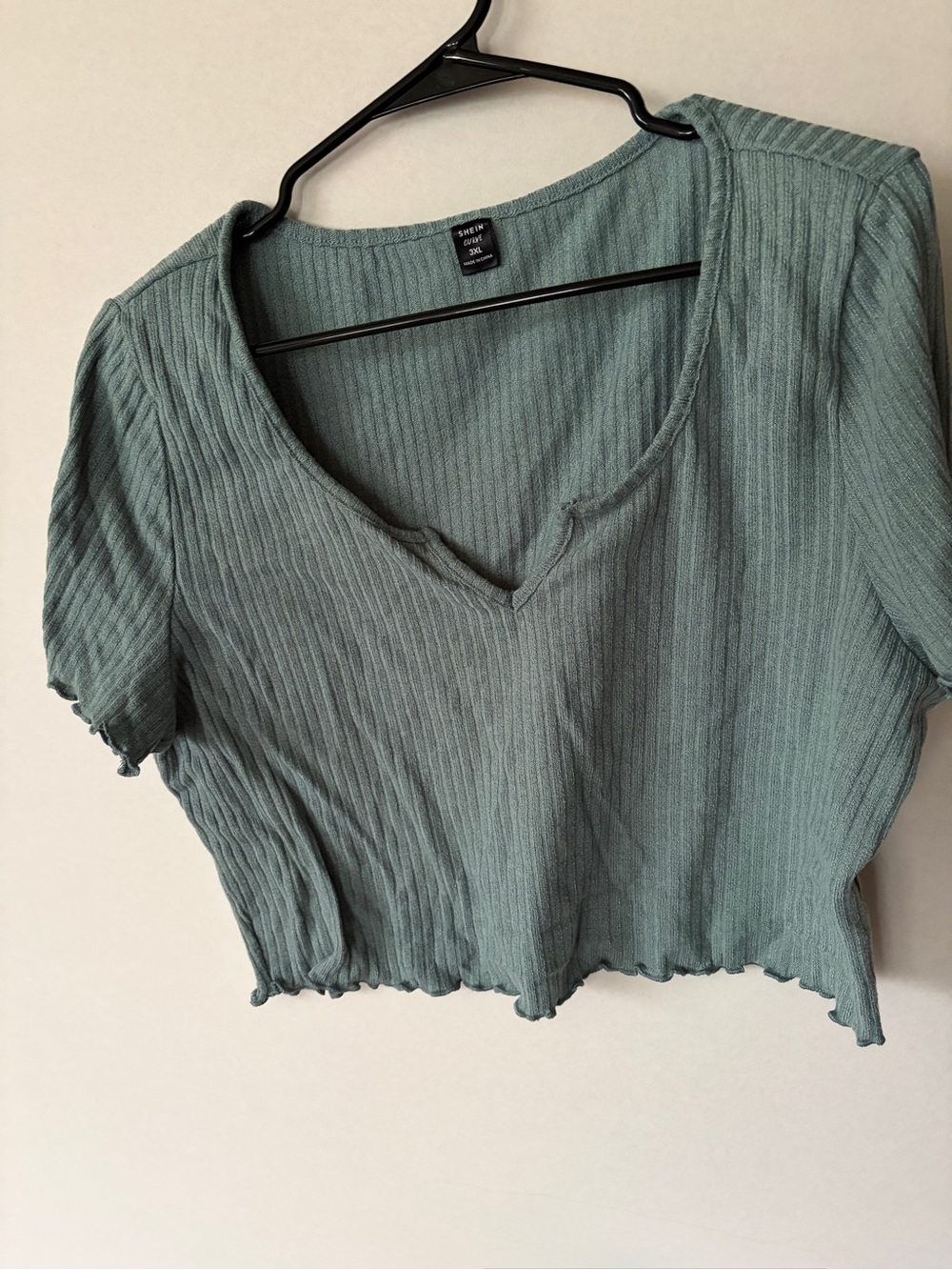 SHEIN Sage Green Ribbed V‑Neck Lettuce‑Hem Crop Top